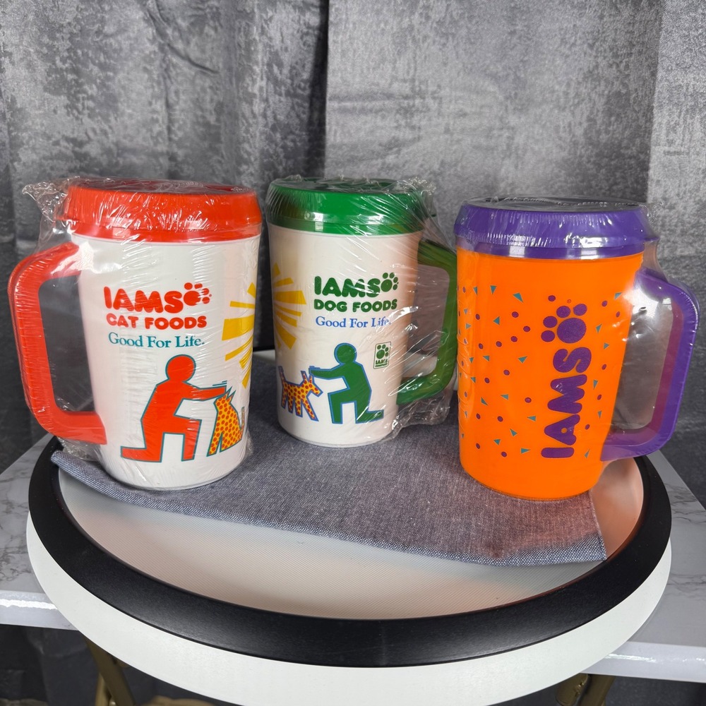 Iams Aladdin 20oz Travel Mugs (3) Neon Cat & Dog Vintage Insulated Retro NEW
